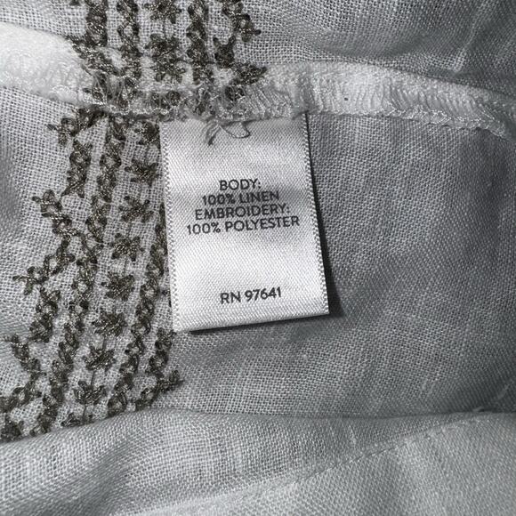 J. Jill Love Linen Med Top Blouse White Embroidered Stripe 3 QTR Balloon Sleeve - Picture 7 of 8